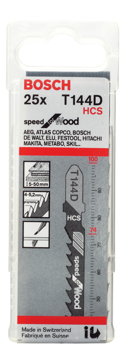 Förpackning med 25 Bosch T144D HCS sågblad för trä.
