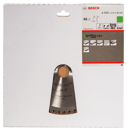 Förpackning med en Bosch cirkelsågklinga för trä, 216x2,0x30 mm, max 7000 rpm, Optiline Wood.