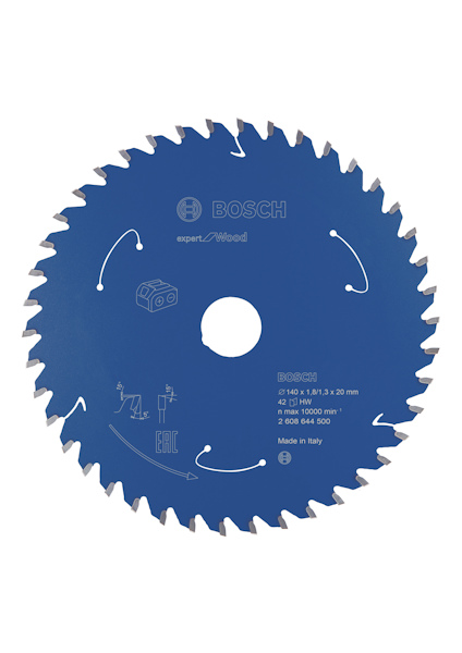 Cirkelsågklinga i blått med zickzack-mönster längs kanten och tryckt vit text inklusive symboler och specifikationer.