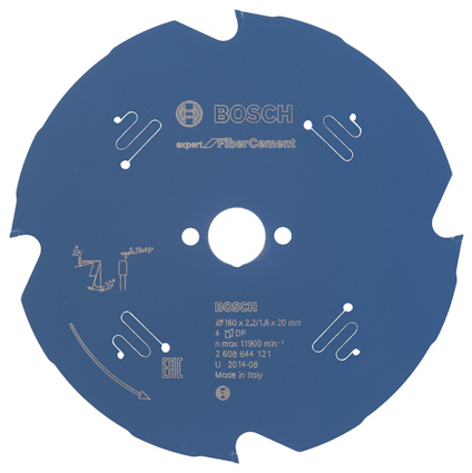 Blå cirkelsågklinga med vita textdetaljer och logotyper samt pilmarkeringar.