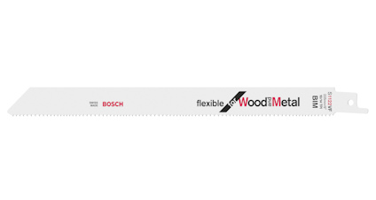 Tigersågblad märkt "Bosch Flexible Wood & Metal" i vitt med tandad kant.