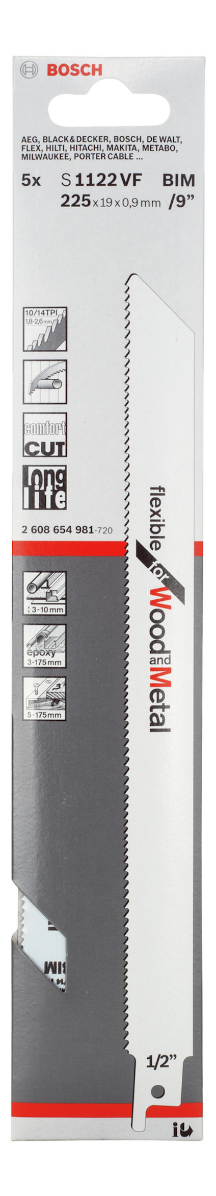 Förpackning av Bosch sågblad S1122VF för trä och metall, längd 225 mm, 5-pack.