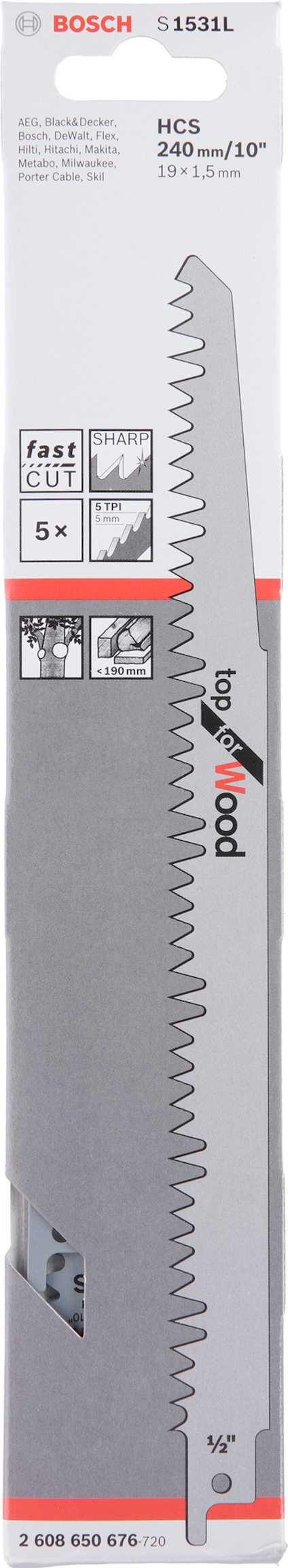 Förpackning till Bosch S1531L sågblad, 240 mm, 5-pack, HCS.