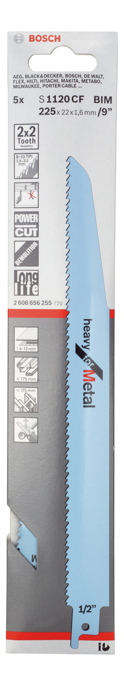 Förpackning med vit och blå metallsågklinga, Bosch-märke, 5-pack, S 1120 CF BIM, tänder per 25 mm: 2,2, 225 mm.