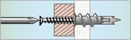 Teknisk illustration av en gipsankare i genomskärning, visar expansion och infästning i vägg.