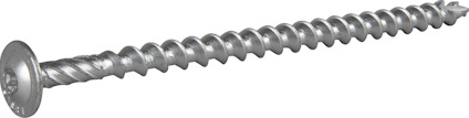Metallskruv med spiralformade gängor och platt huvud på en grå bakgrund. En liten del av en gul yta syns i bakgrunden.