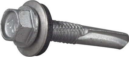 Sexkantskruv med bricka och gummitätning, silverfärgad, mot grå bakgrund.