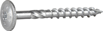 Metallskruv med spiralgängor och bred, platt skruvskalle på ljus bakgrund.