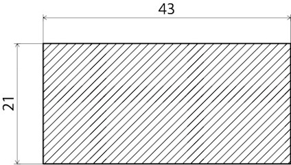 Rektangel med diagonala linjer, mått 43 enheter bredd och 21 enheter höjd markerade med pilar och linjer.