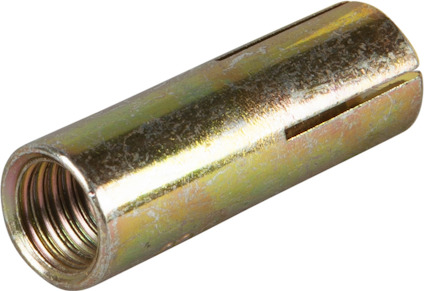 Metalliskt slagankare med cylindrisk form och gänga inuti, utsidan har en slits för expansion.