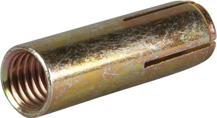 Metallfärgat slagankare med gängad insida och slitsar på utsidan.