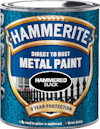 Färgburk med etikett "Hammerite Direct to Rust Metal Paint Hammered Black".