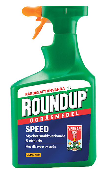 Grön sprayflaska med texten "ROUNDUP SPEED OGRÄSMEDEL" och ikon som visar effekt inom 1 timme.