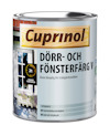 Målarburk med etikett "Cuprinol Dörr- och Fönsterfärg V". Vit färg, 1 liter, lämplig för trädgårdsmöbler.