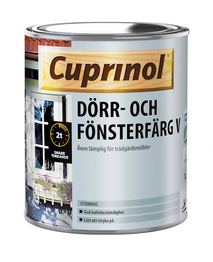 Målarburk med etikett "Cuprinol Dörr- och Fönsterfärg V". Vit färg, 1 liter, lämplig för trädgårdsmöbler.
