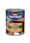 Burk med Tinova Traditional Boat Varnish från Nordsjö, etiketten har marinblå färg med regnbågsdetalj.