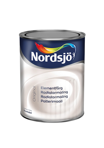 Burk med Nordsjö elementfärg, text på olika språk.