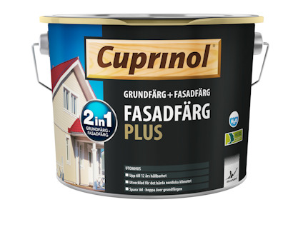 Färgbehållare med etikett "Cuprinol Fasadfärg Plus", bild av husfasad och text "2 in 1".