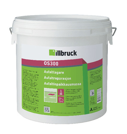 Vit hink märkt med "illbruck OS300" och instruktioner om asfaltreparationsmassa på flera språk.