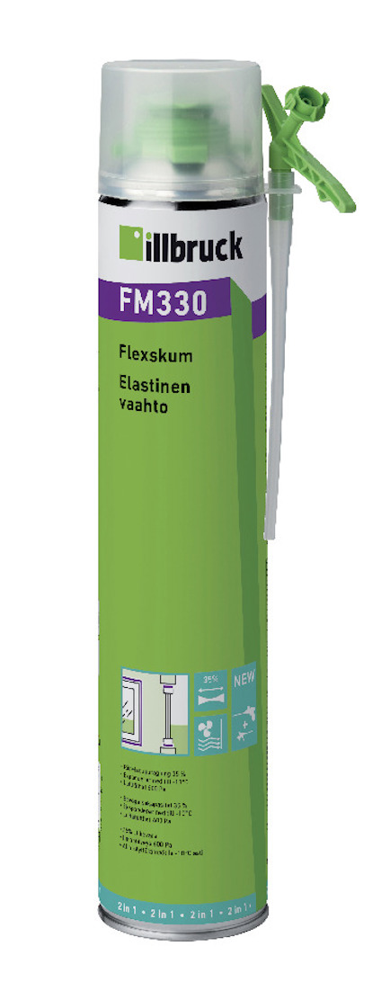 Grön och vit sprayburk med texten "FLEXSKUM FM330" och ett munstycke på sidan.