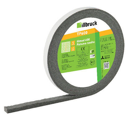 Grått fogband på rulle, etikett med text "illbruck TP600 illmod 600 Paisuva nauha" och färggrafik synlig.
