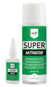 Superlim-flaska och sprayburk med etiketter i grönt och vitt, texten "SUPER AKTIVATOR" på burken.