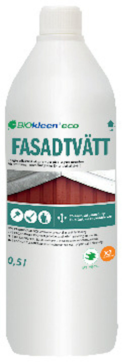 Flaska med etikett: "BIOkleen eco FASADTVÄTT". Bild av röd träfasad. Volym: 0,5 liter.
