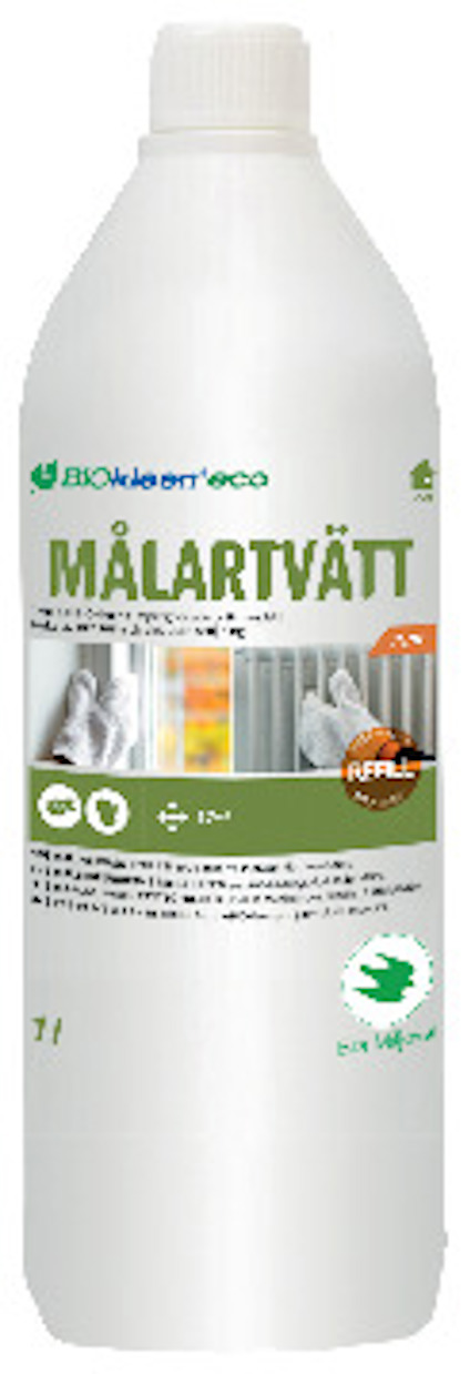 Vit plastflaska med etikett för Biokleen Målartvätt Eco 1L, text och symboler synliga.