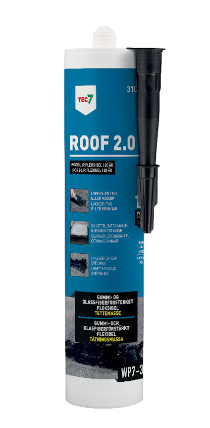 Patron med text "ROOF 2.0" och ett munstycke vid sidan. Innehåller produktinformation och bilder på olika ytor.
