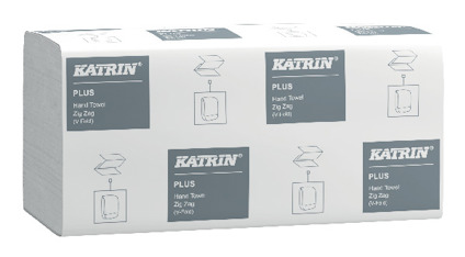Pappershanddukar i ett paket med märket "Katrin Plus Hand Towel 2lg Zig Zag" tryckt på förpackningen.