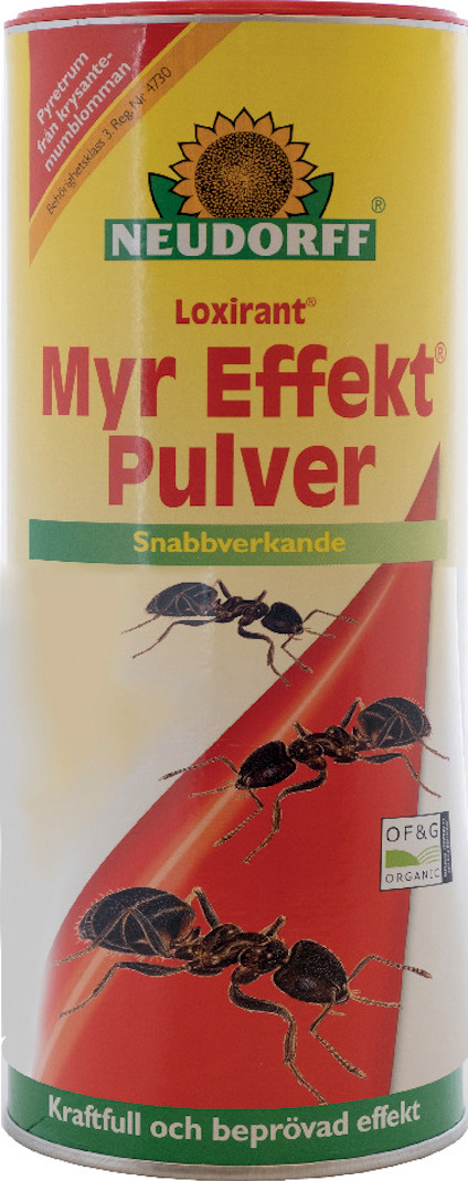 Förpackning av insektspulver "Loxirant Myr Effekt Pulver" från Neudorff med bilder av myror på etiketten.
