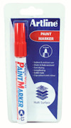 Röd märkpenna i förpackning, märkt "Artline Paint Marker" med blå och röd text.