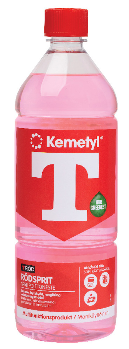 Kemetyl T-Röd flaska med röd etikett och genomskinlig rosa vätska, röd skruvkork.