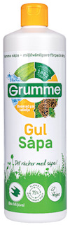 Flaska med Grumme Gul Såpa, etikett med gröna och gula detaljer samt text: "Basera på tallolja".