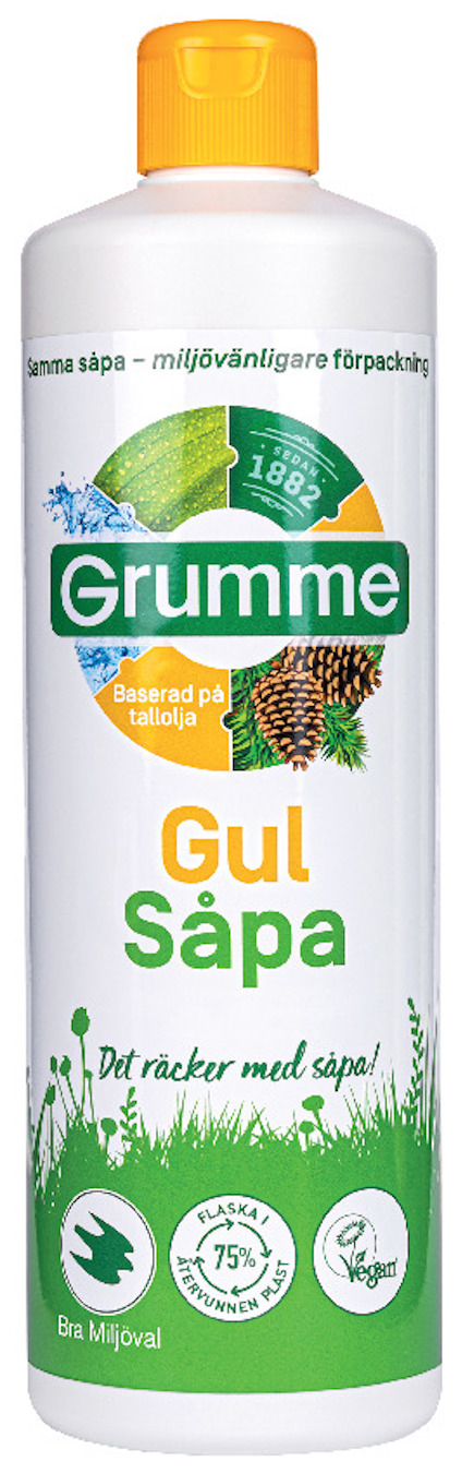 Flaska med Grumme Gul Såpa, etikett med gröna och gula detaljer samt text: "Basera på tallolja".