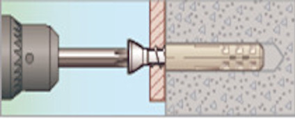 Illustration av en skruv och plugg monterad i betongvägg med borrmaskin.