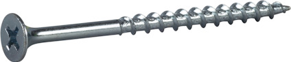Metallskruv med platt huvud och stjärnformad skåra, gängad längs skaftet.