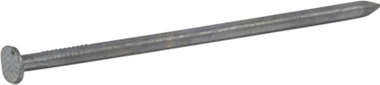 Räfflad, silverfärgad spik med platt huvud och spetsig ände på grå bakgrund.