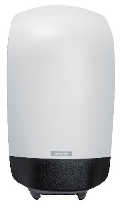 Vit och svart torkpappershållare, märkt "Katrin", med rundad topp och minimalistisk design.