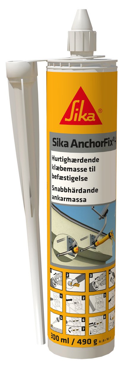 Sika AnchorFix-1 tub med text och illustrationer, orange etikett, vit bakgrund.
