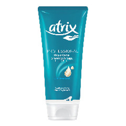 Turkos tub med texten "atrix PROFESSIONAL Repair Creme" och en illustration av en hand.