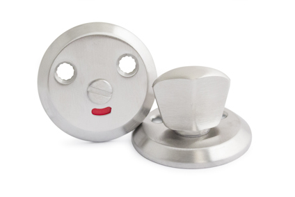 Två runda, metalliska dörrbeslag varav ett med en vridknopp och det andra med en indikator som visar röd färg.