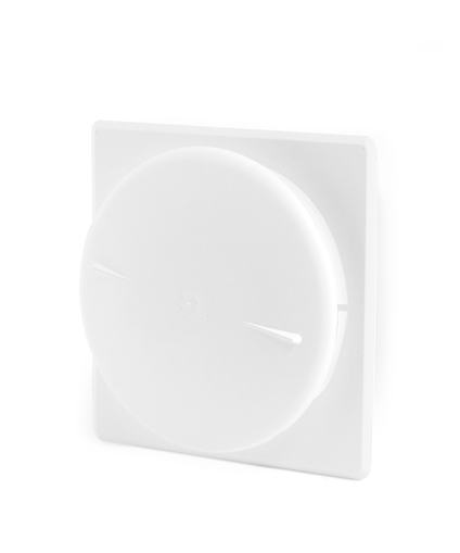 Vit, rund tallriksventil monterad på en kvadratisk platta.