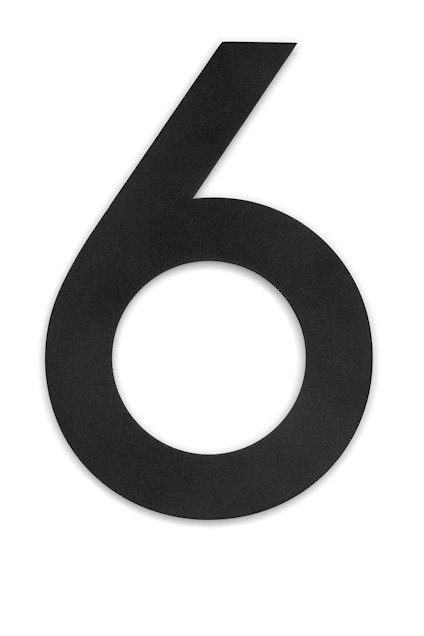 Svart, stiliserad siffra sex med en modern design på vit bakgrund.