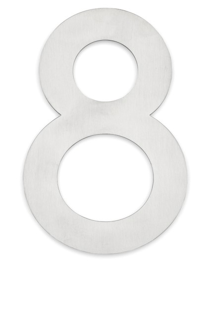 Metallisk siffra 8 i rostfritt stål på vit bakgrund.