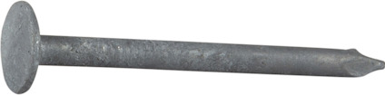 Metallspik med platt huvud och spetsig ände, liggande horisontellt på en yta.