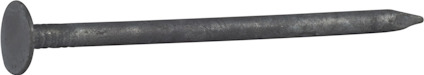 Metallspik med runt huvud och spetsig ände, liggande horisontellt på grå bakgrund.