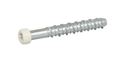 Metallskruv med vit skalle och spiralgängor, mot ljus bakgrund.