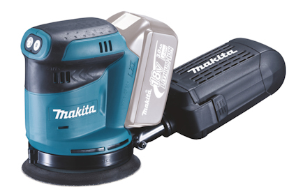 Excenterslip i blått och svart med Makita-logotyp och ansluten dammpåse.