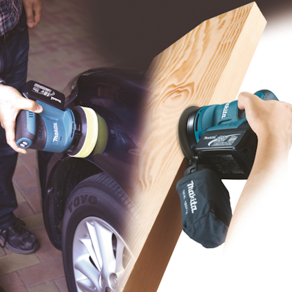 Person använder en batteridriven polermaskin från Makita på en bil och ett trästycke.